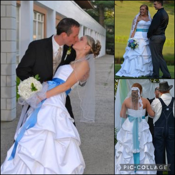 David’s Bridal White Satin Tiered Ruched Pin-tuck Ruffle Wedding Dress Gown - Picture 4 of 16